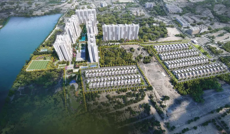Aerial render of the Welkin Park master plan beside the lake off Sarjapur Road